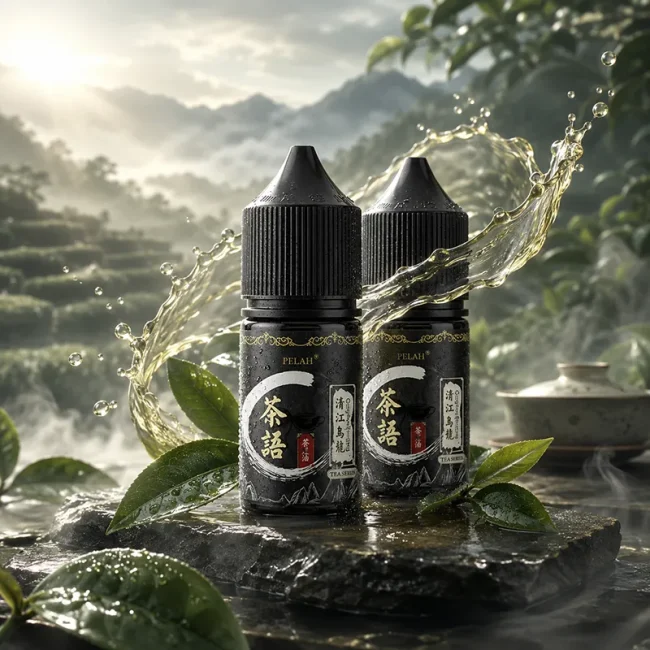茶語煙油 40mg 台灣茶香主圖 茶語煙油 40mg 30ml 主圖,展示清江烏龍與茶香瓶身,搭配茶葉、水花、茶具、山景與台灣茶園風格背景