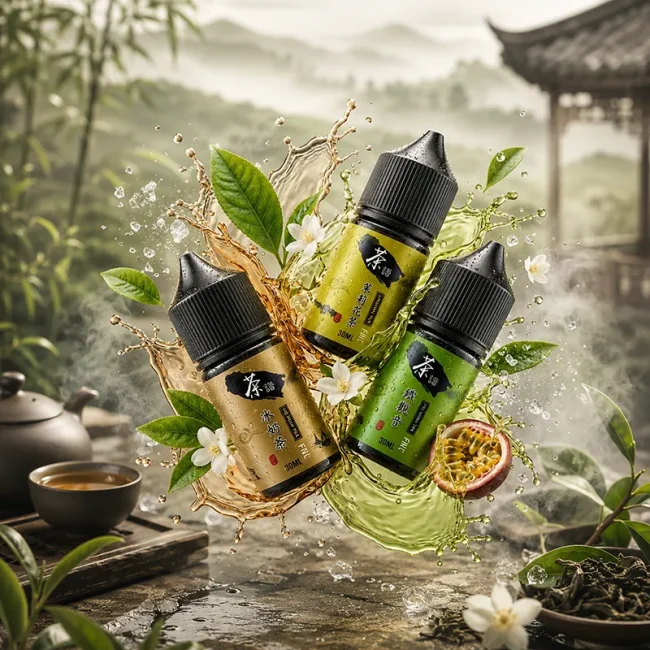 茶譜煙油 50mg 微涼茶香主圖 茶譜煙油 50mg 30ml 主圖,展示烏龍茶、茉莉花茶與百香果茶風味瓶身,搭配茶葉、茶杯、白花、百香果與中式茶庭背景