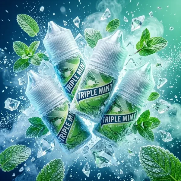 TRIPLEMINT 绿箭薄荷烟油 - 35mg 三倍极冰丁盐现货 TRIPLEMINT 绿箭薄荷口味 30ml 尼古丁盐瓶身主图,展示 35mg 高浓度极冰系列。画面包含爆发飞溅的冰晶碎冰、雪花与白色蒸汽,环绕绿色薄荷叶,强调瞬间引爆的三倍极致凉感与神级绿箭口香糖风味还原. 台湾现货,专为小烟设备打造. 严选冰感丁盐,内含尼古丁标示.