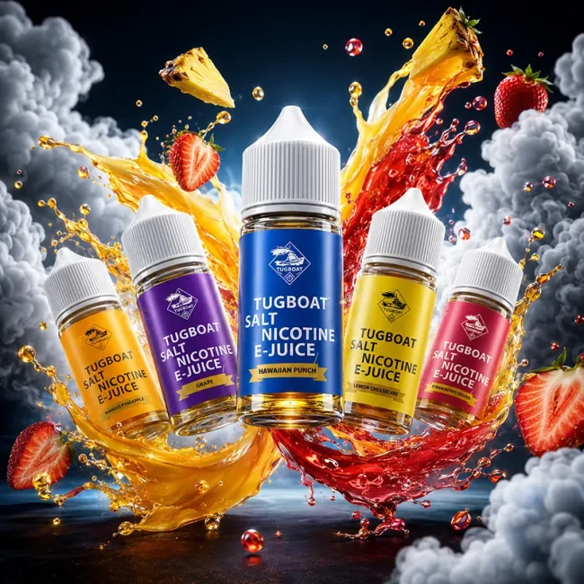 TUGBOAT 拖船煙油 50mg 多口味主圖 TUGBOAT 拖船煙油 50mg 30ml 主圖,展示芒果鳳梨、葡萄、夏威夷水果、檸檬起司蛋糕與草莓雪茄風味瓶身,搭配鳳梨、草莓、果汁飛濺與煙霧背景