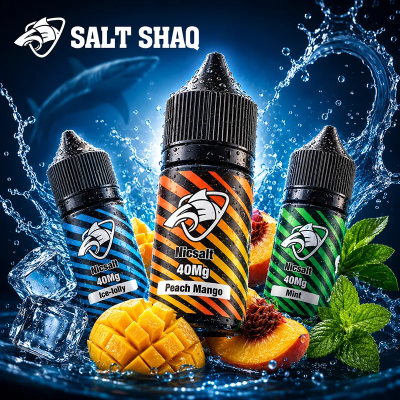 SALT SHAQ 尼古丁鹽 40mg Peach Mango、Ice Lolly 與 Mint 口味包裝主圖