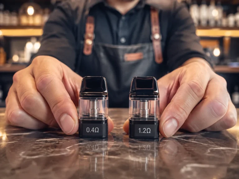 店長將 0.4Ω 與 1.2Ω 電子煙空彈並排對比,說明不同阻值適合的煙油濃度